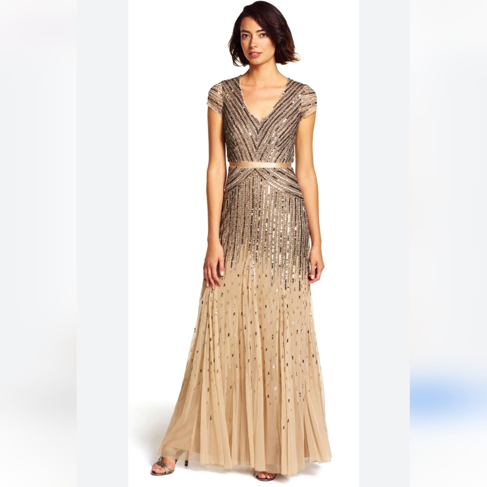 Adrianna Papell Champagne and Black Sequin Dress